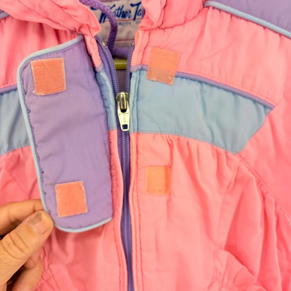 Vintage 80s Weather Tamer Girls Pink Hooded Puffer Jacket Heart Embroidery 12M